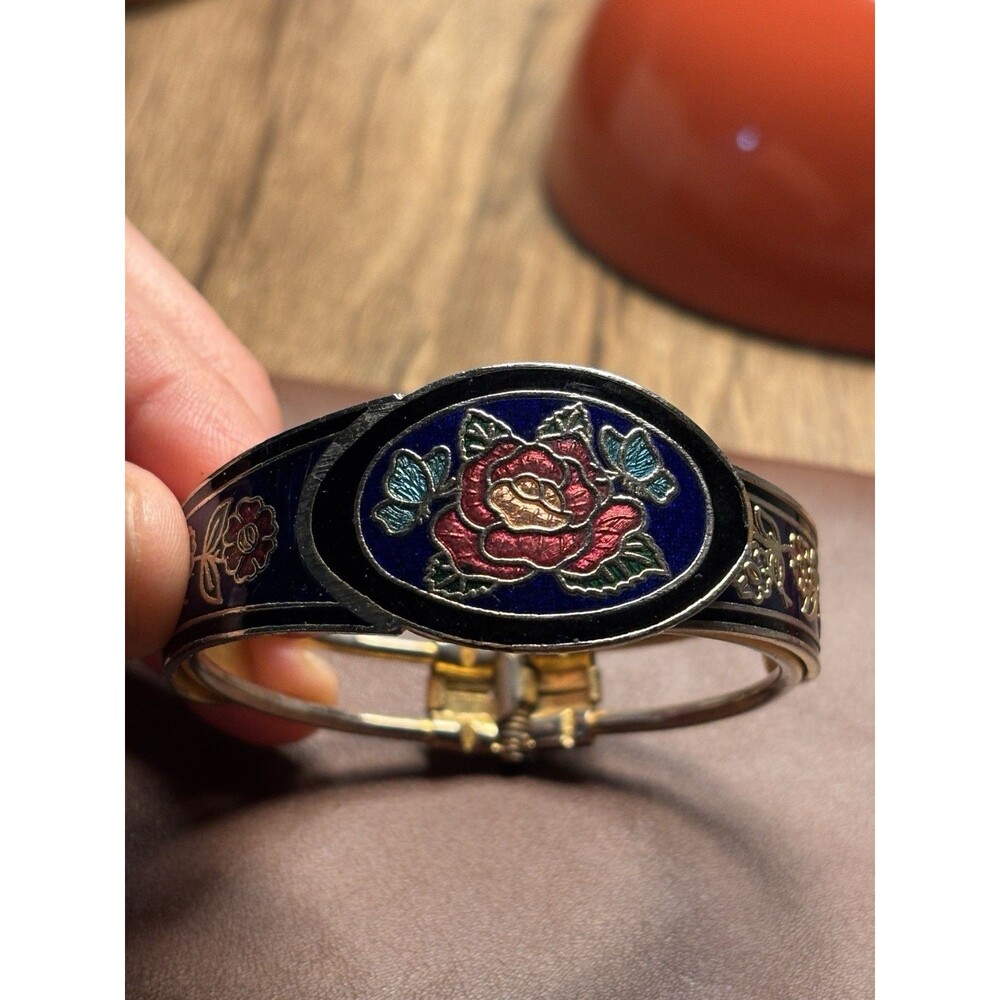 Vintage Cloisonné Enamel Hinged Bangle Bracelet Blue Black Rose Gold Tone Floral